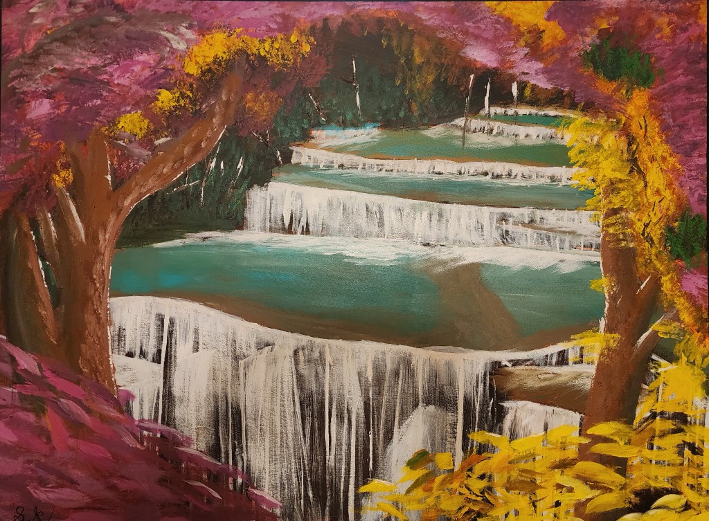 Acrylic painting of turquoise terraced waterfalls framed by purple and yellow trees